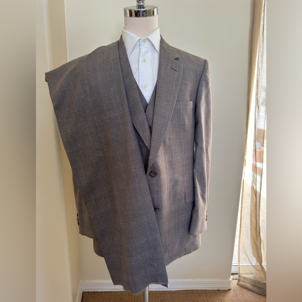 JOHNNY CARSON Vintage 70’s Deadstock Subtle Plad Wool Blend 3 Piece Suit 44 L - Picture 1 of 16